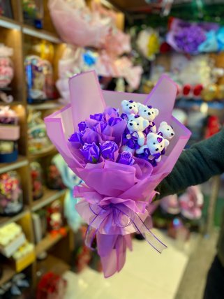 Mor Gül ve Sevimli Ayıcık Buketi